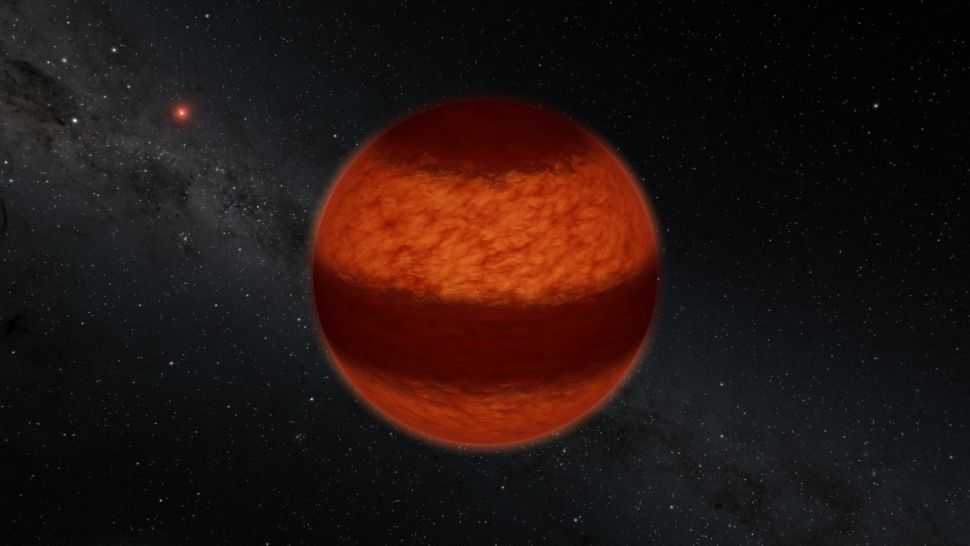 Artist’s illustration of the brown dwarf Luhman 16A. Astronomers have inferred the presence of cloud bands on Luhman 16A using a technique called polarimetry, in which polarized light is measured from an astrophysical object much like polarized sunglasses are used to block out glare. This is the first time that polarimetry has been used to measure cloud patterns on a brown dwarf. (Image: © Caltech/R. Hurt (IPAC))