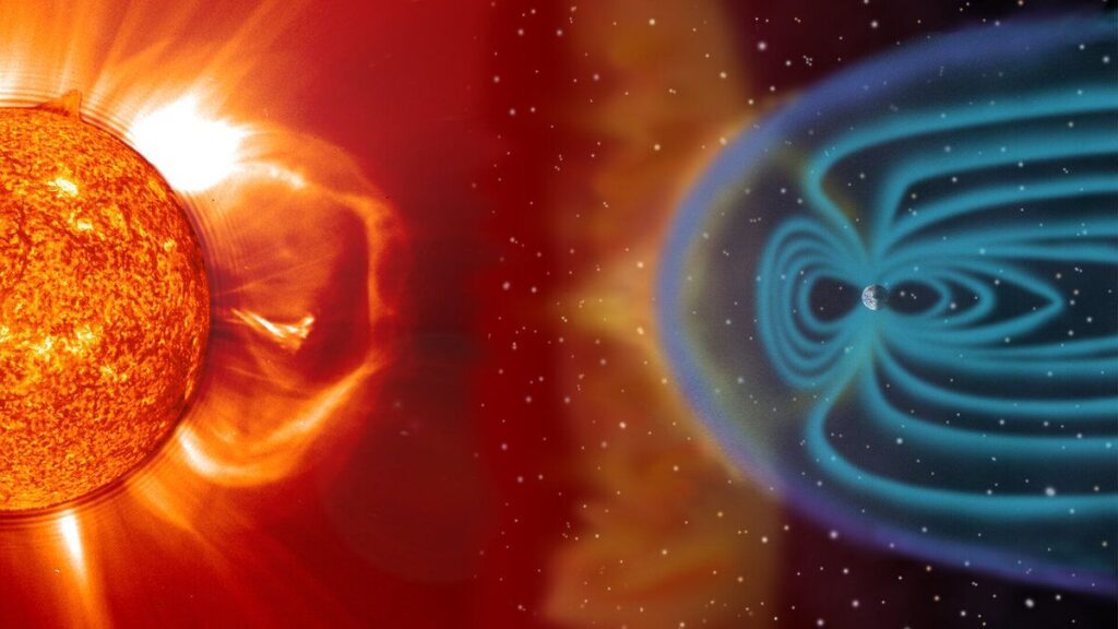 Coronal mass ejection (CME) blast and subsequent impact at Earth. This illustration shows a CME blasting off the Sun's surface in the direction of Earth.